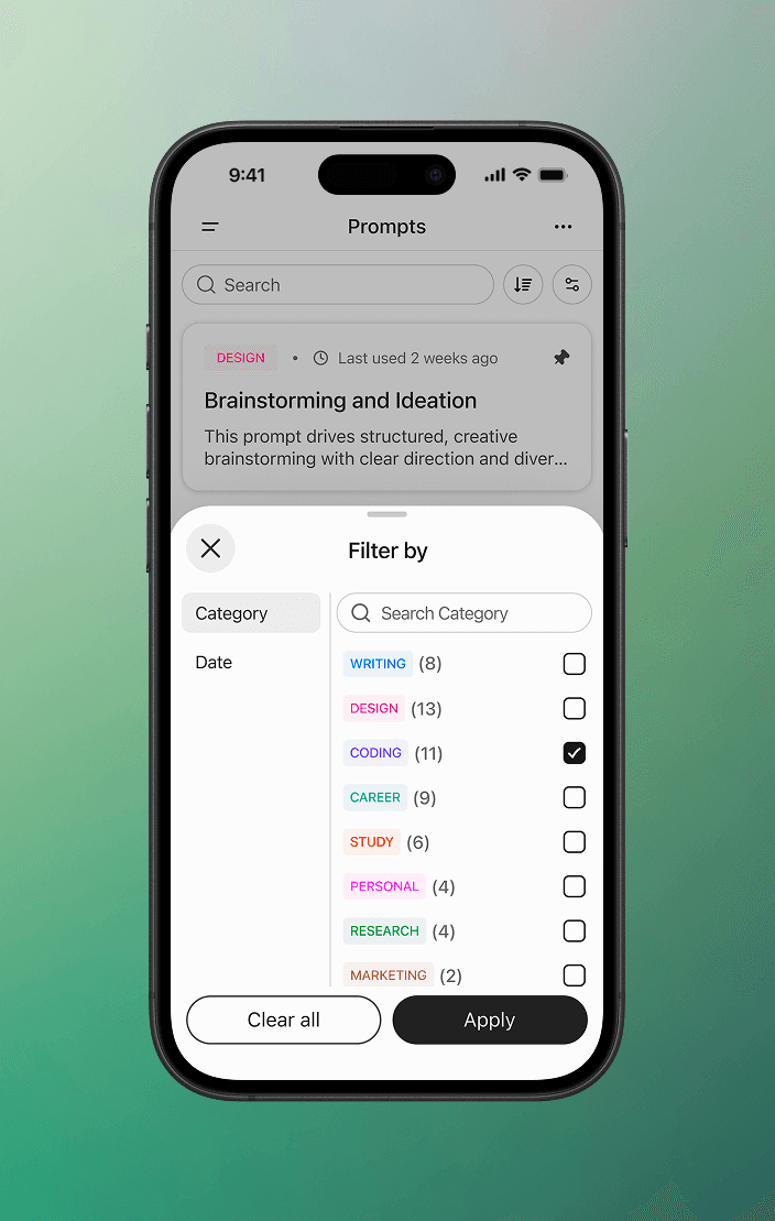 Filtering prompts by category and date